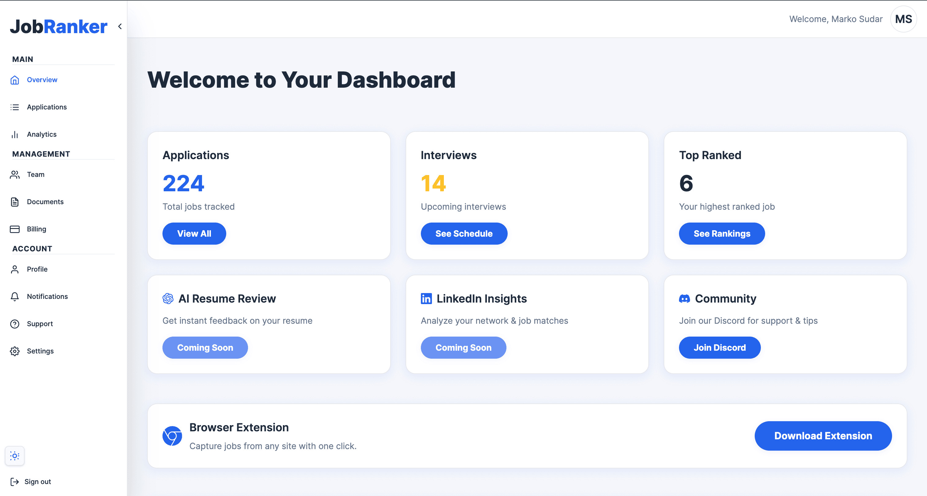 JobRanker dashboard mockup